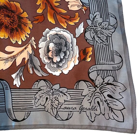 Grey brown rust fall leaf silk square 29” scarf by Laura Geraldi - Picture 5 of 7